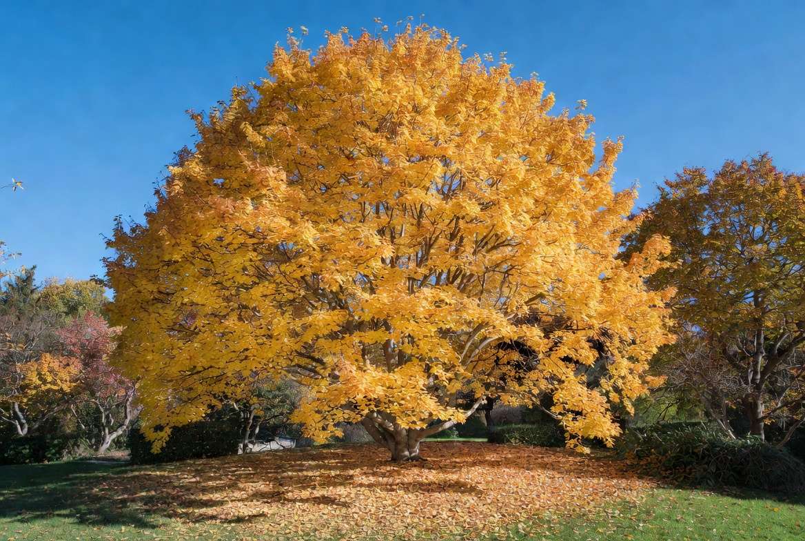Chinese Lusu tree in autumn with golden yellow fall foliage Chionanthus retusus