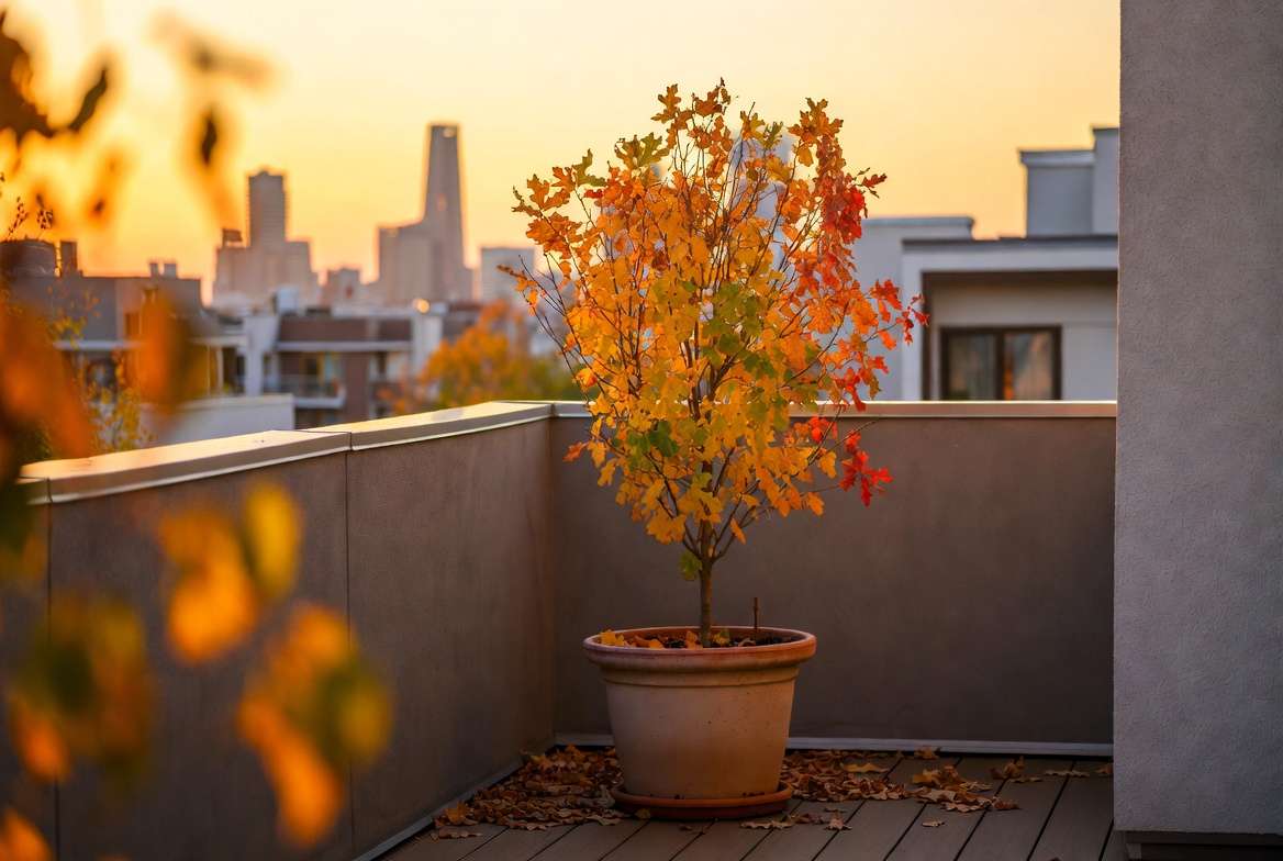 seasonal care for oak tree in apartment balcony showing fall colors