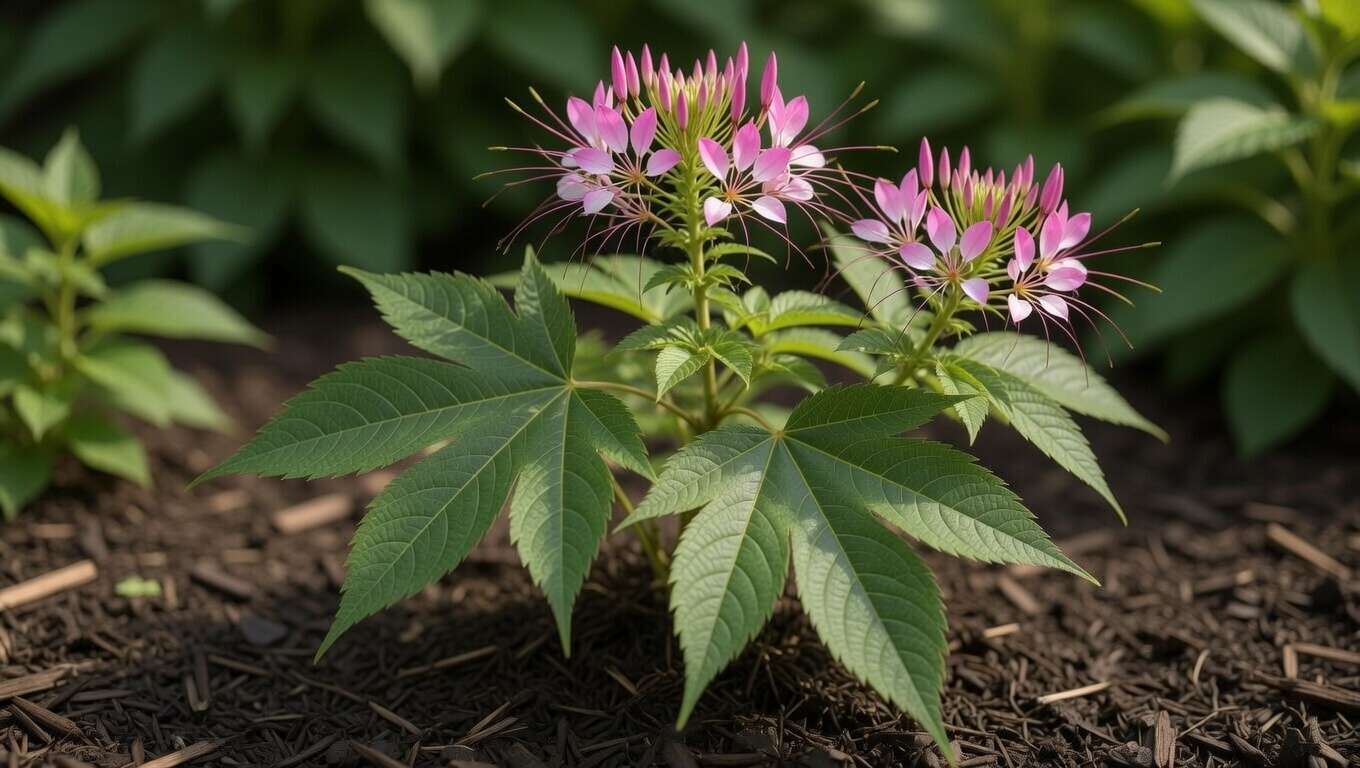 Cleome hassleriana spider flower palmate leaves and pink blooms in garden for plant identification