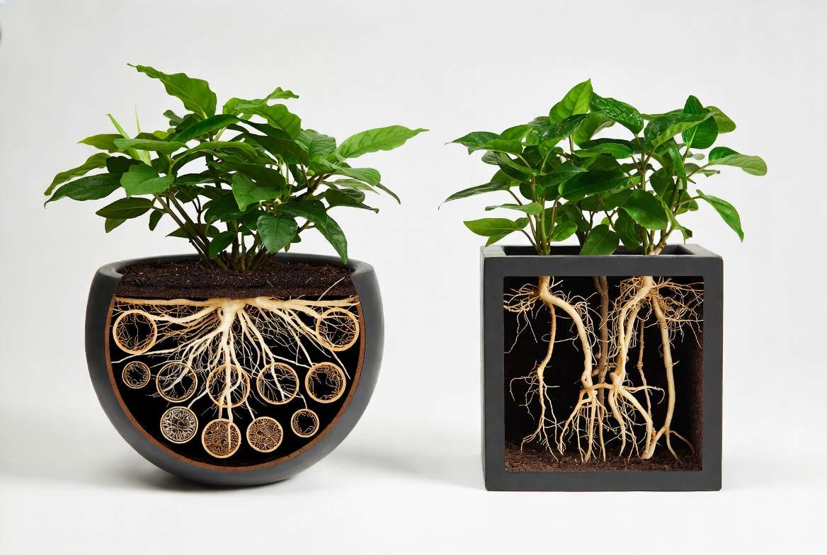 Large round planter vs square planter showing better root distribution and stability for healthy plants
