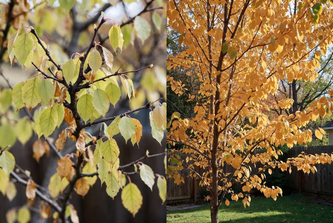 Before and after redbud tree fall foliage showing dull vs vibrant colors after proper tree care