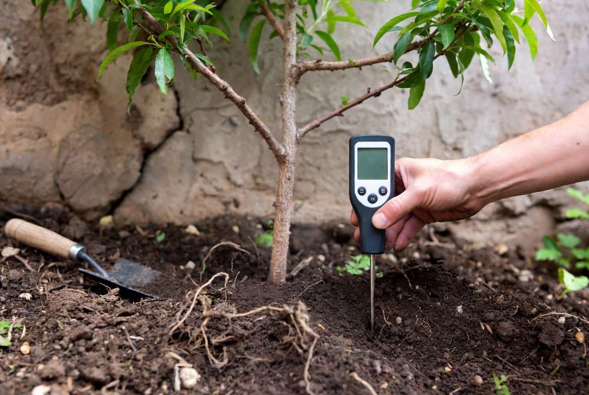 Using soil moisture meter to check water needs of wall-trained peach tree