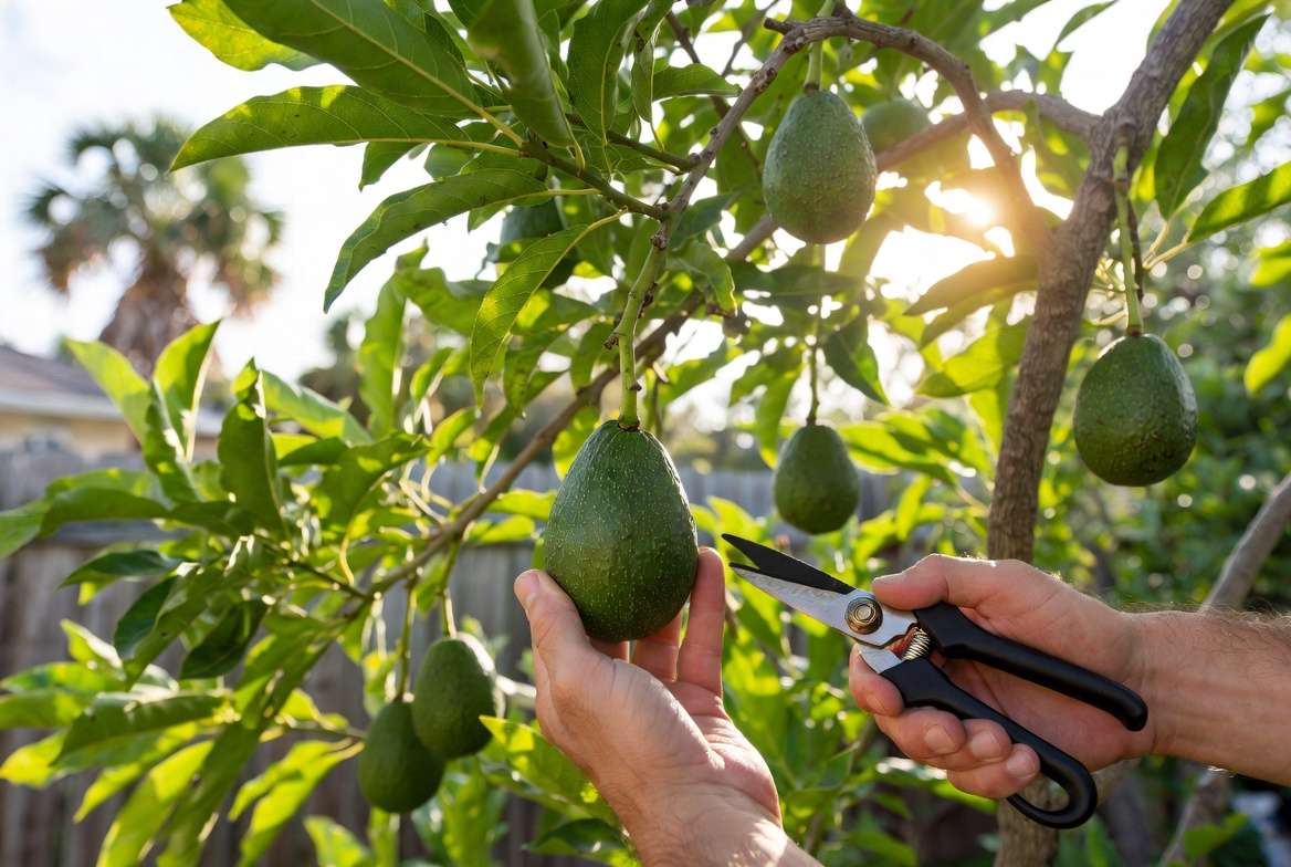 Harvesting ripe avocados from a mature Florida avocado tree in backyard