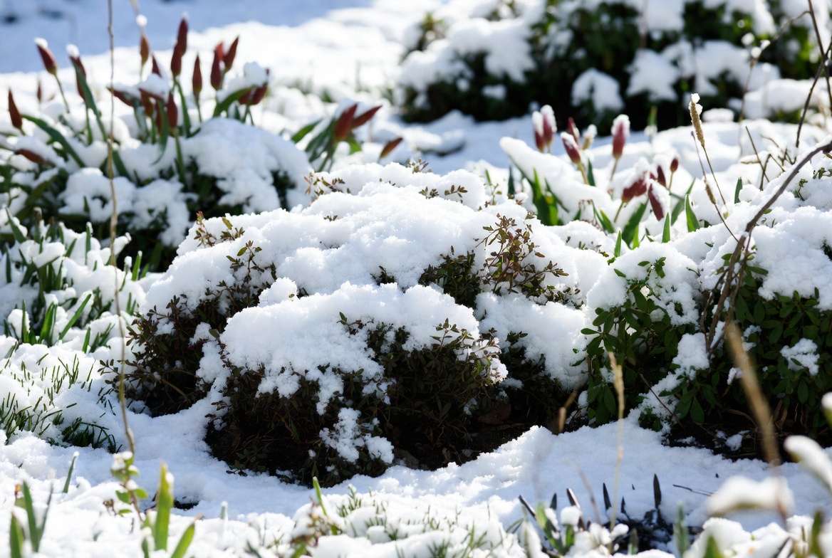 Benefits of snow on plants - healthy perennials protected by natural snow cover in winter