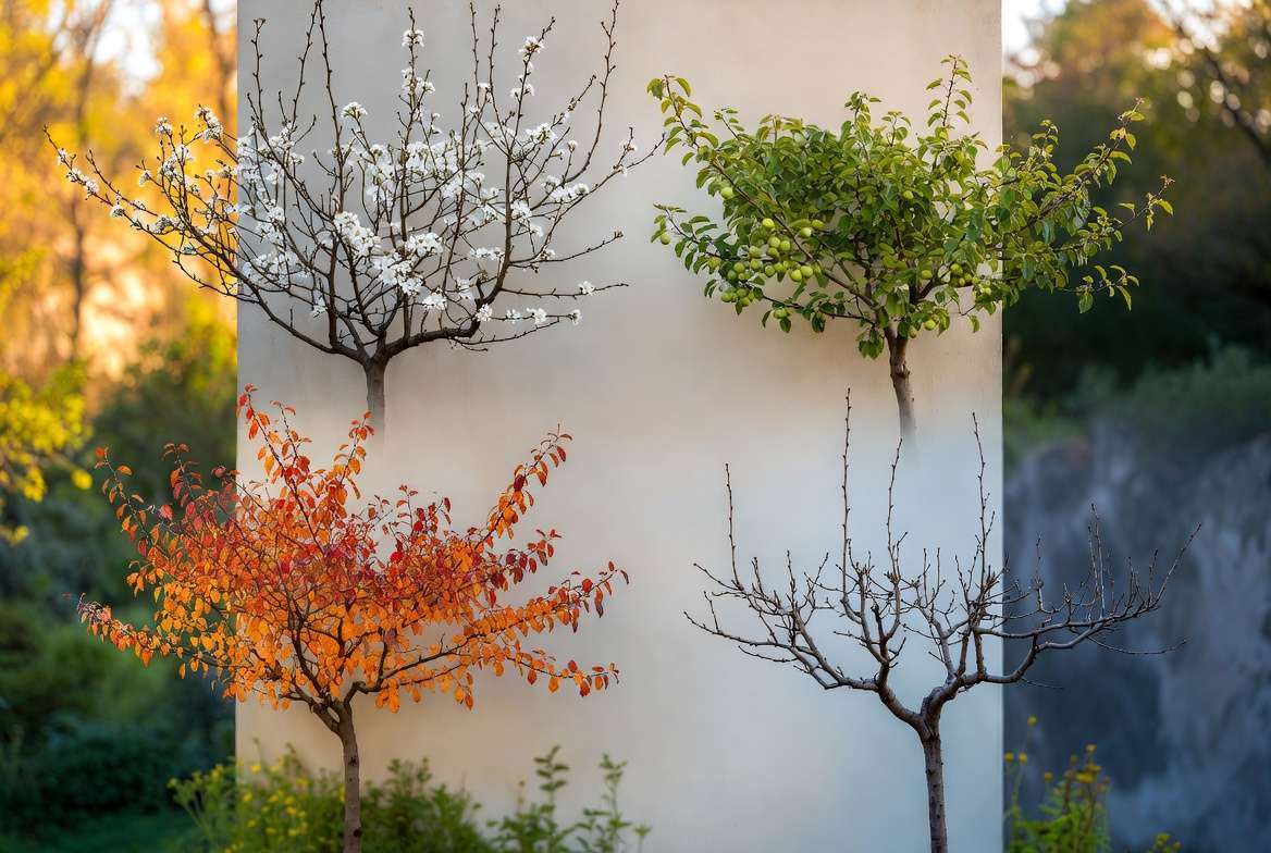 four-season espalier apple tree showing year-round care stages on garden wall