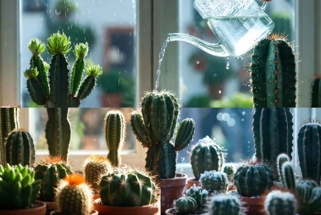 watering cactus plants in different seasons