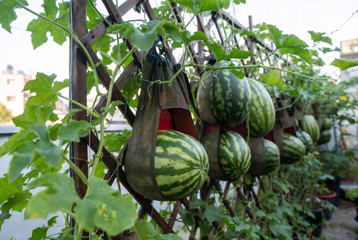 Vertical growing of Crimson Sweet watermelon on trellis in small garden