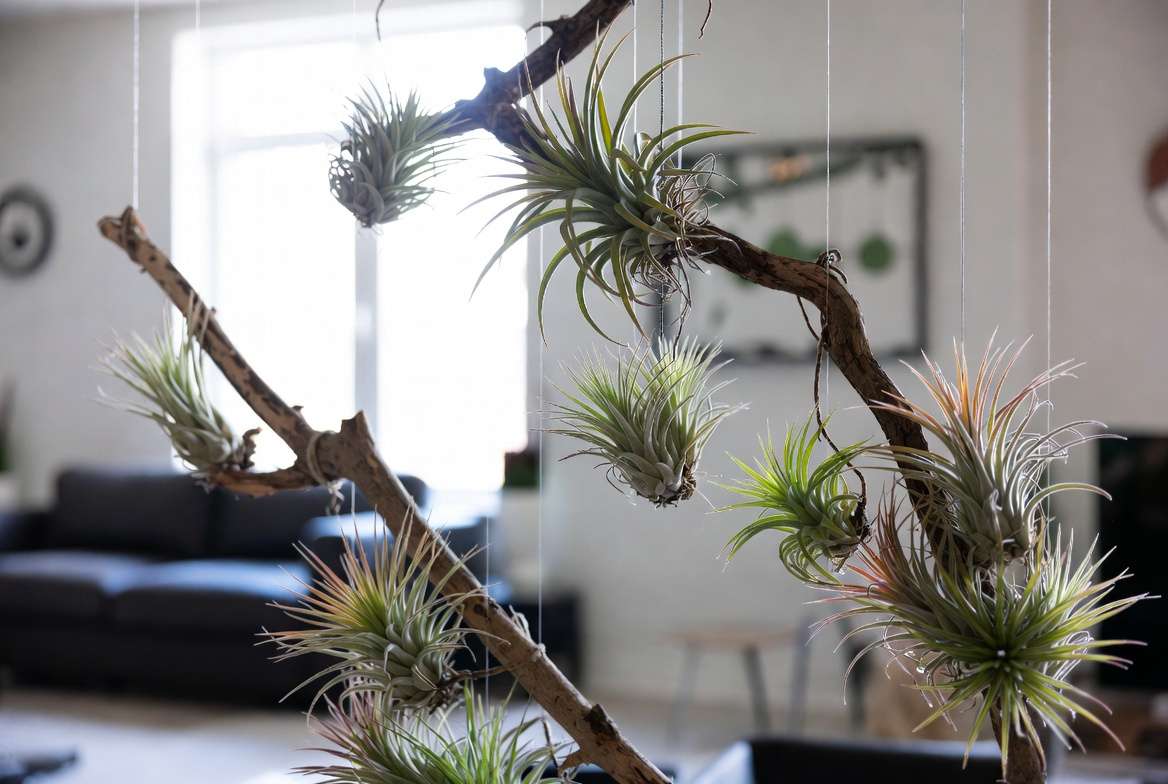 Mounted air plants in creative displays with proper watering care
