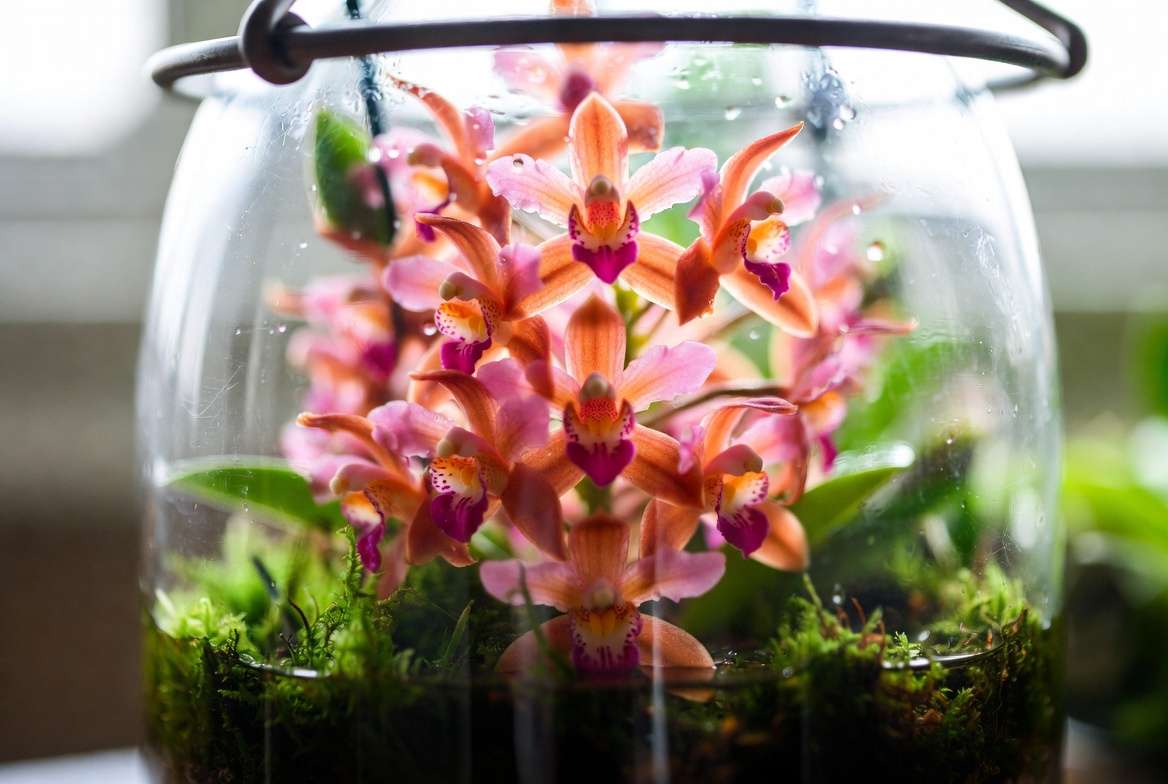 Vibrant Masdevallia orchid blooming beautifully inside a glass terrarium