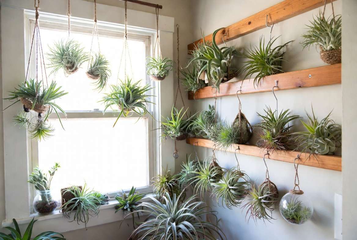 Complete air plant care setup showing ideal light and display conditions