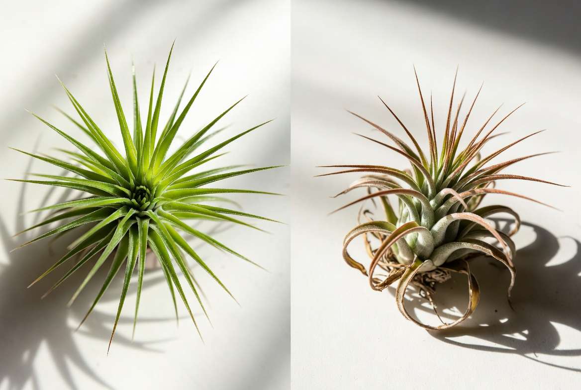 Comparison of healthy vs unhealthy air plant due to watering mistakes