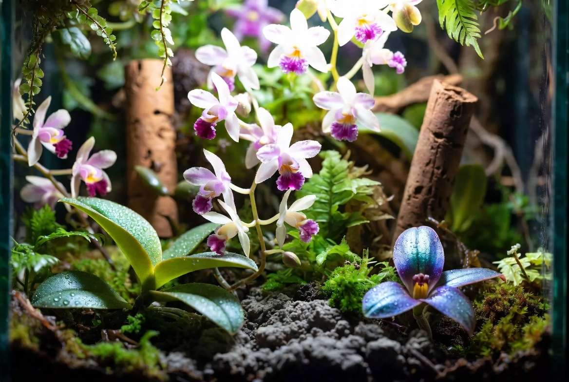 Beautiful multi-plant orchid terrarium with jewel orchids and companion plants