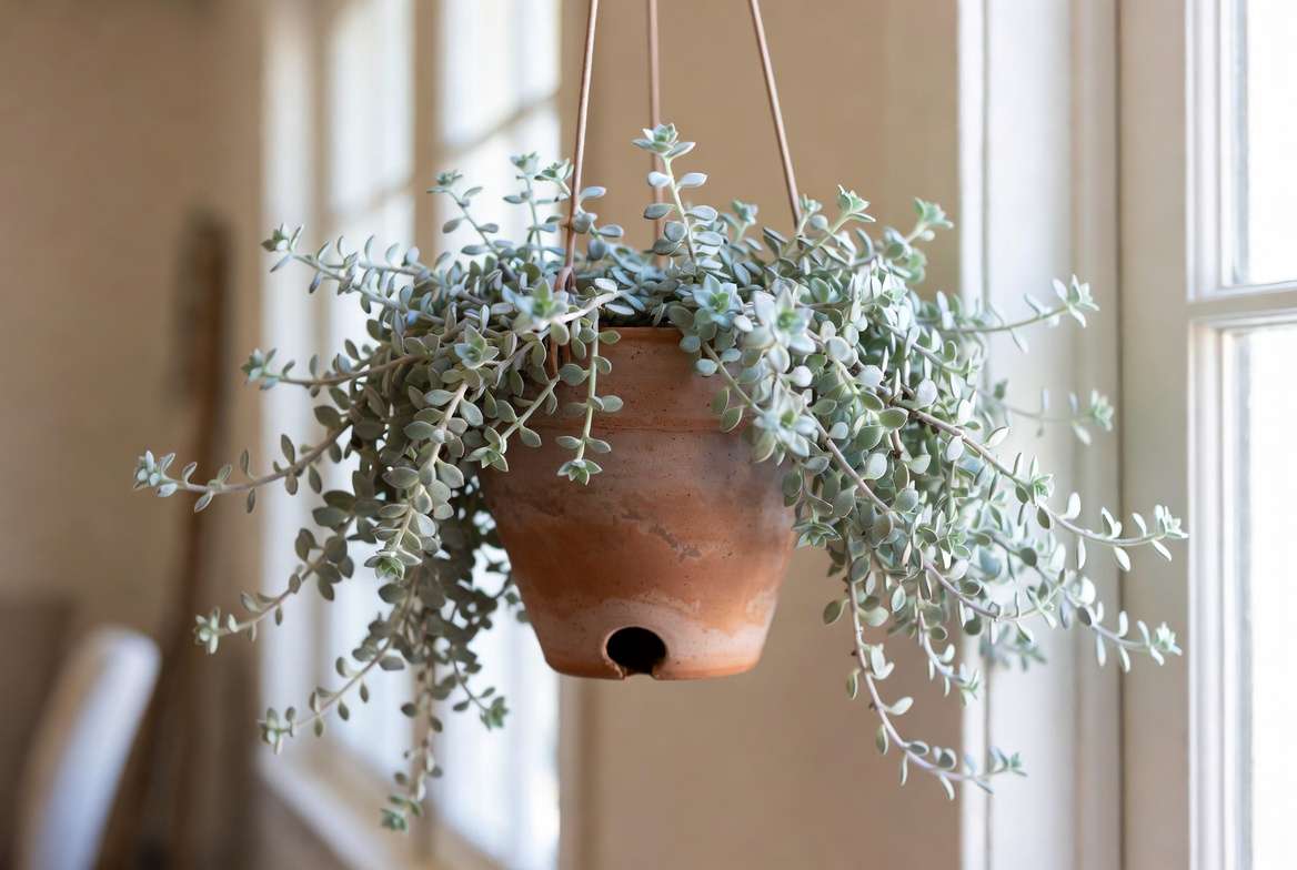 Ice succulent plant in hanging basket indoor display