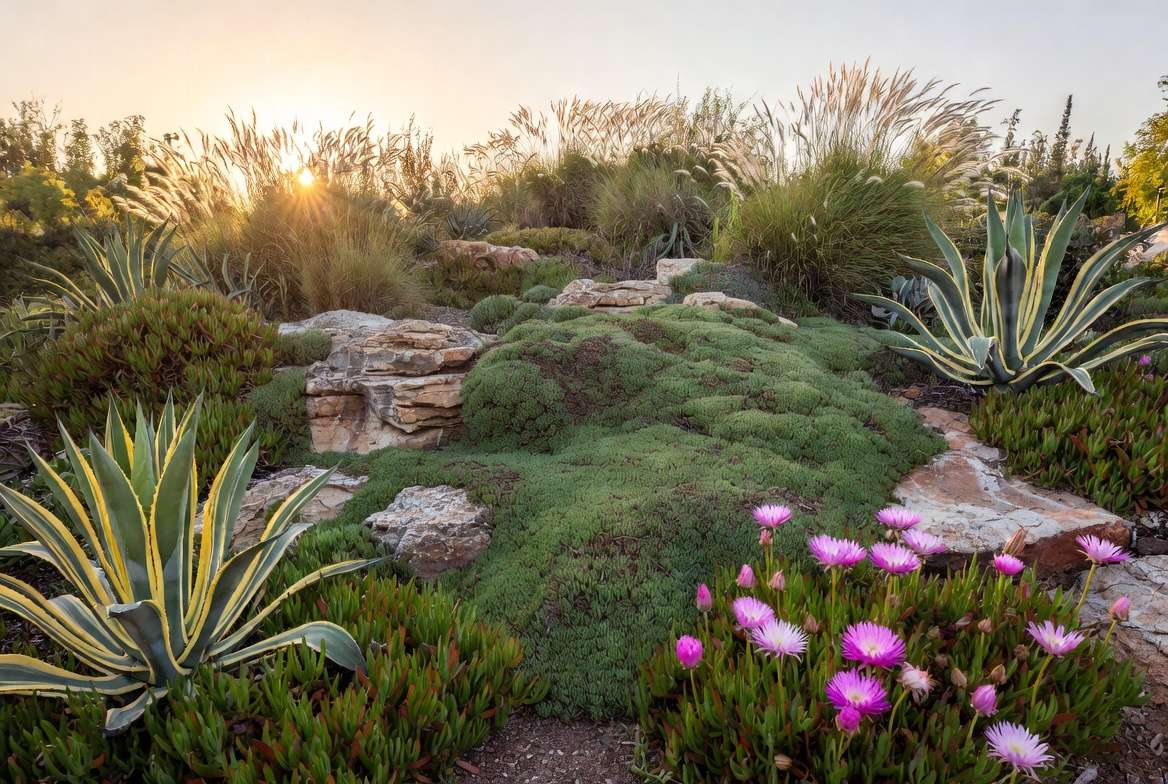 Beautiful water-wise succulent garden design with agaves and flowering succulents