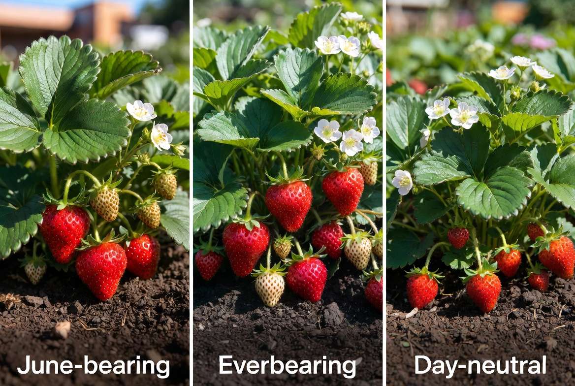 Ever bearing strawberry plants compared with June-bearing and day-neutral varieties in garden setting