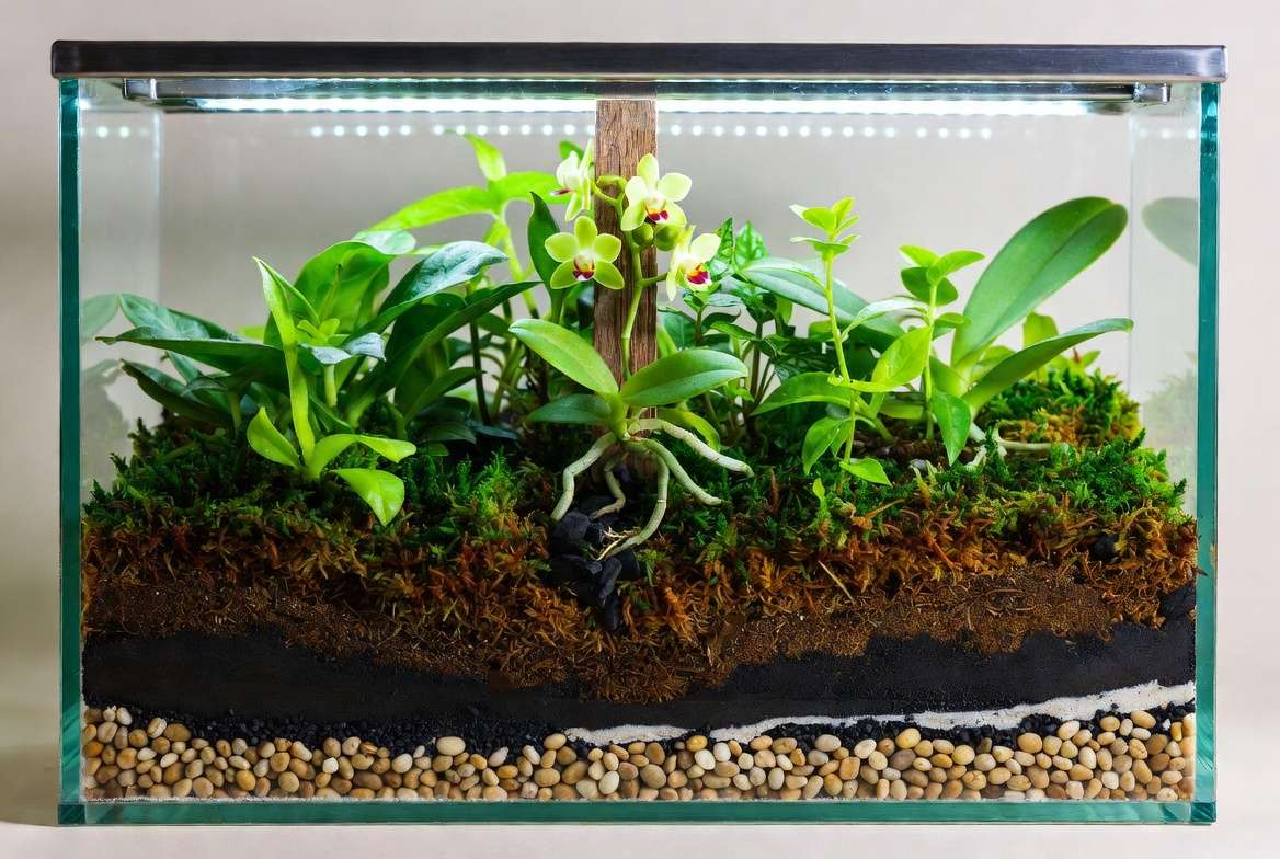Step-by-step layers inside a properly built orchid terrarium
