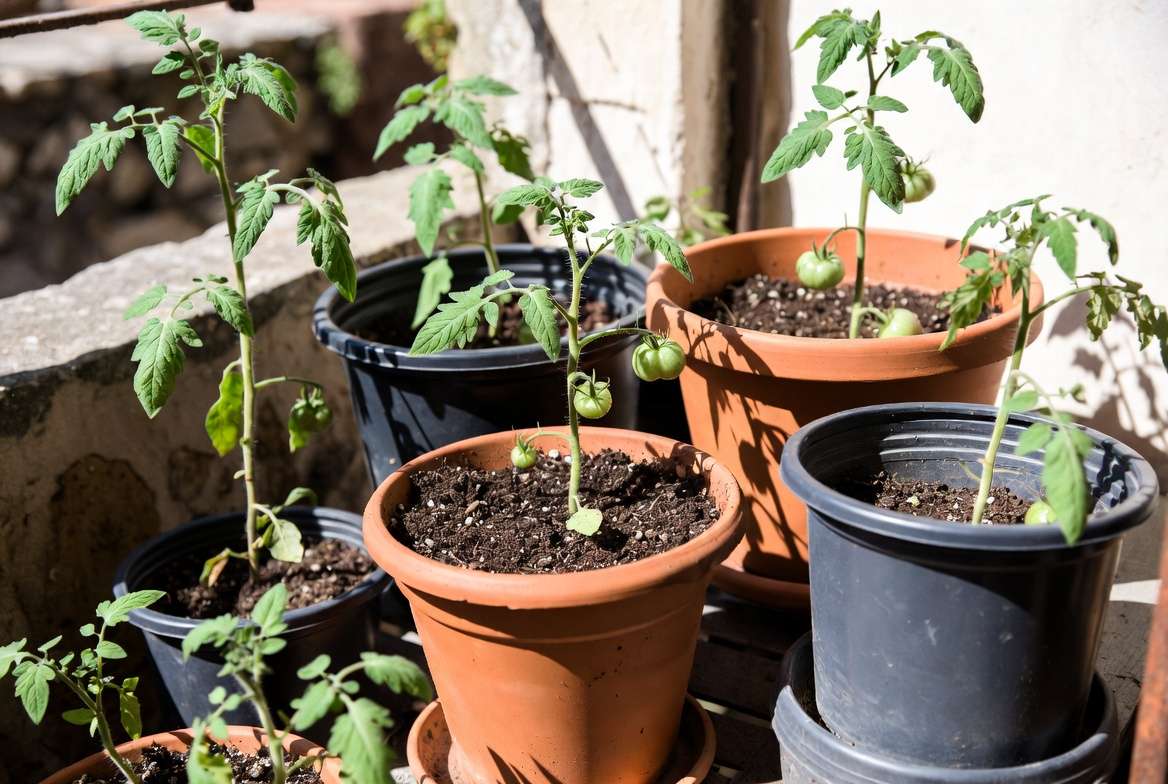 Tomato plants growing successfully in containers using proper deep planting depth