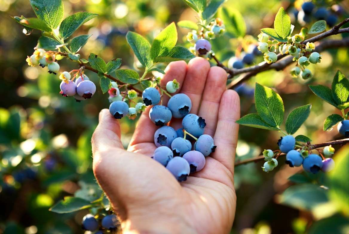 Harvesting fresh ripe Legacy blueberries from the garden bush