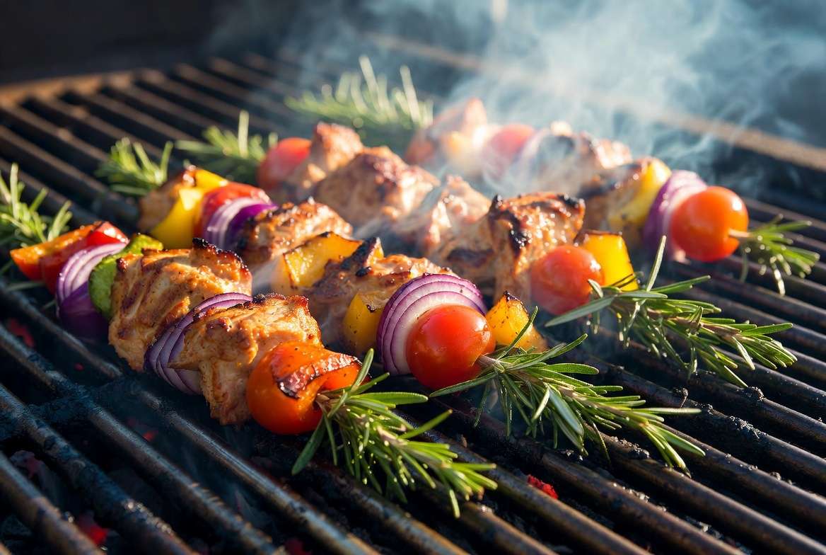 Fresh BBQ rosemary stems used as skewers for grilled chicken and vegetable kebabs