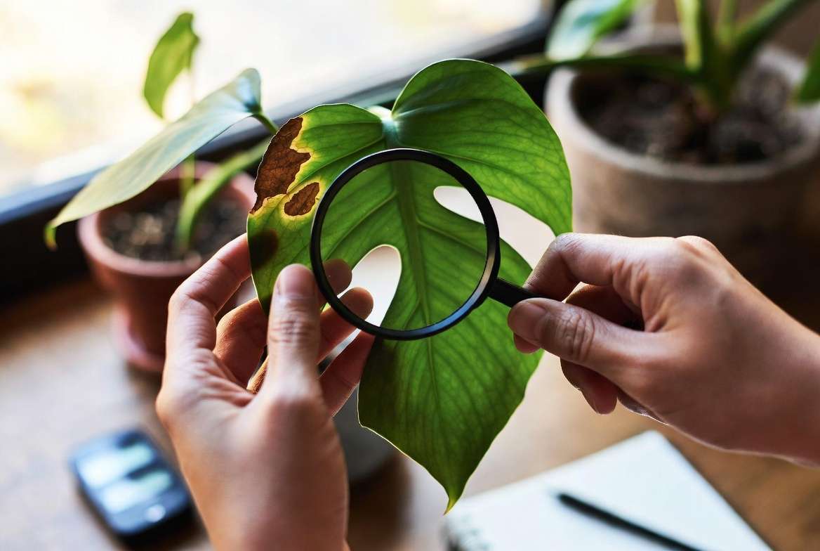 Step-by-step diagnosis of brown patches on plant leaves using magnifying glass
