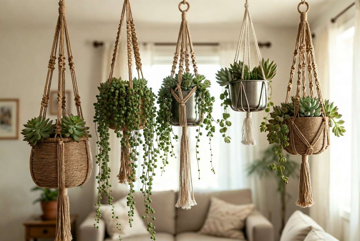 railing succulents in stylish hanging baskets indoor home decor
