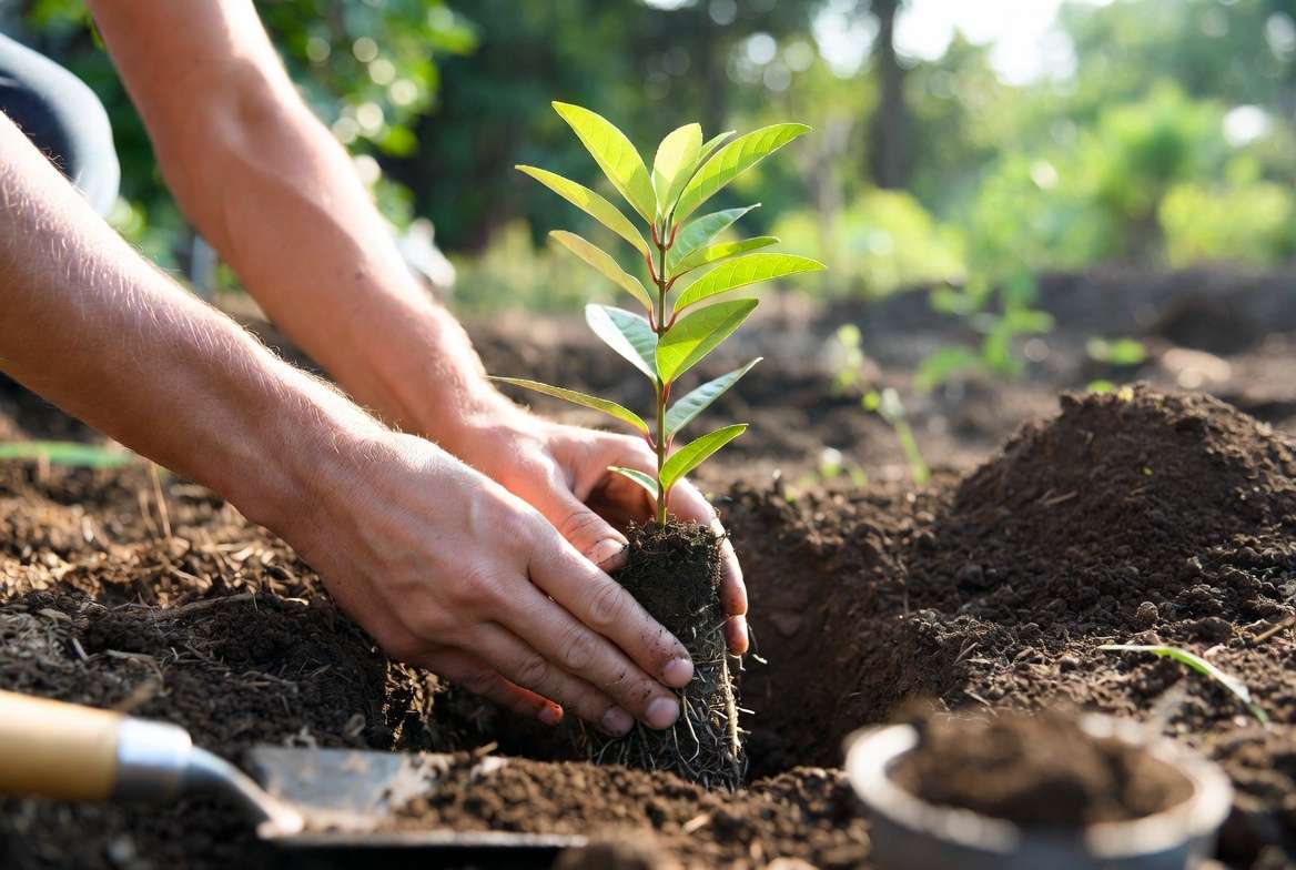 Planting a young Maui Red Ixora shrub in garden soil