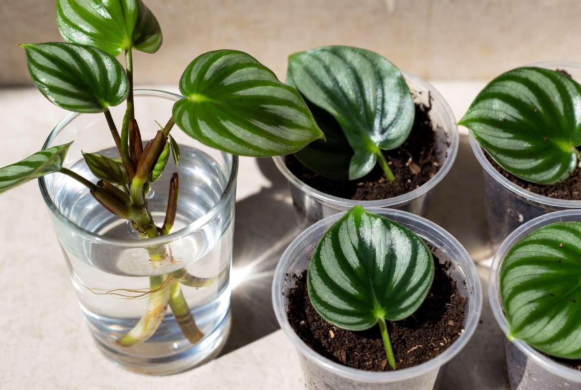 Watermelon Peperomia propagation using leaf and stem cuttings in water and soil