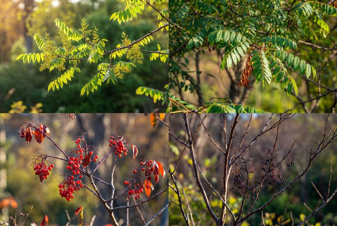Laurel Sumac plant across different seasons in garden setting