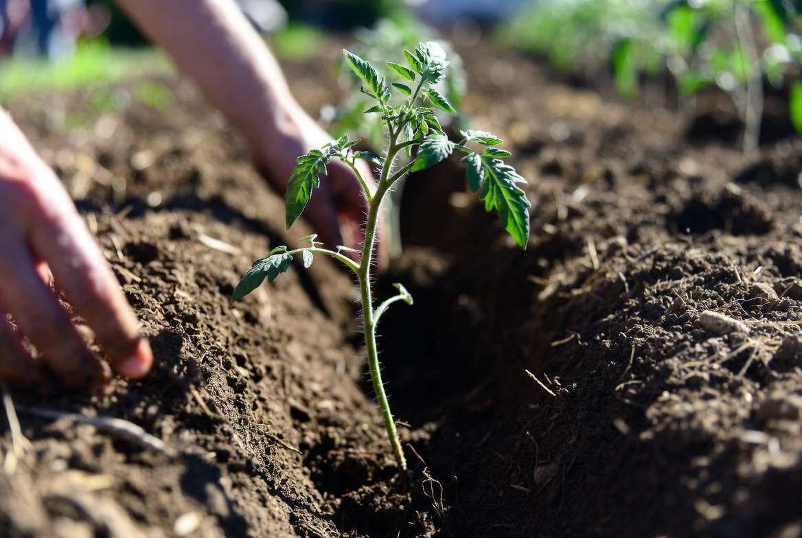 Trench method for deep planting leggy tomato seedlings in garden soil