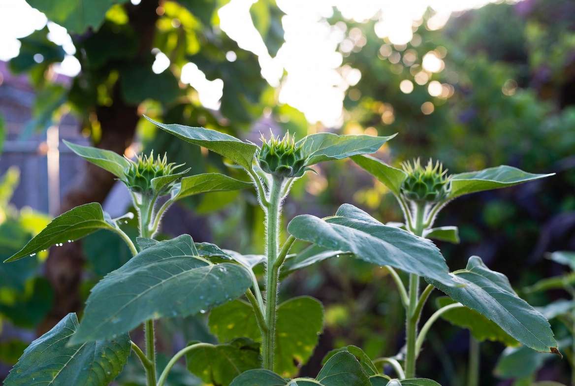 Healthy young sunflower plants growing in a sunny garden