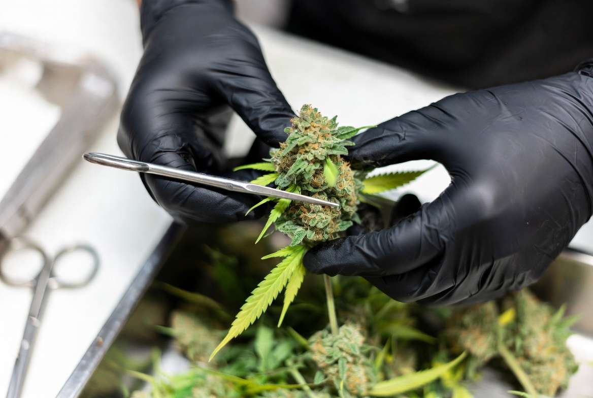 Hand trimming cannabis buds during marijuana harvest process