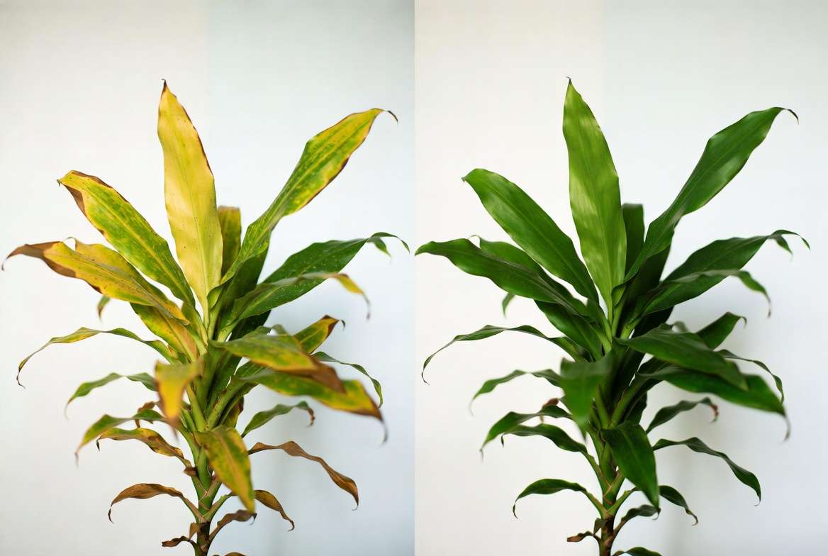 Before and after fixing common Massangeana Cane Plant problems