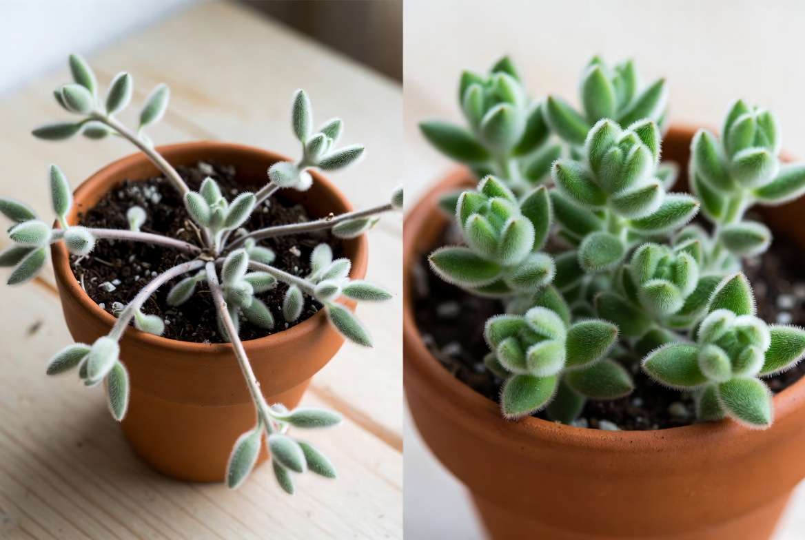 Common problems and recovery of fuzzy succulent plants - leggy growth vs healthy compact plant