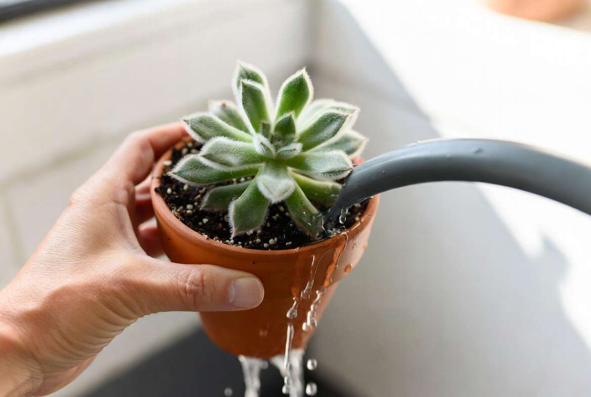 Proper bottom watering technique for fuzzy succulent plant to prevent rot and mildew