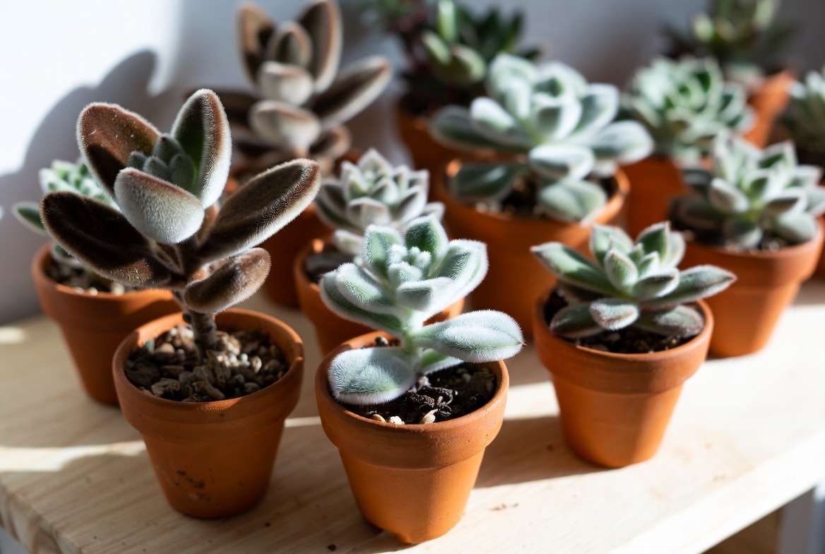Various popular fuzzy succulent plants including Panda Plant and Echeveria setosa showing their unique velvety textures