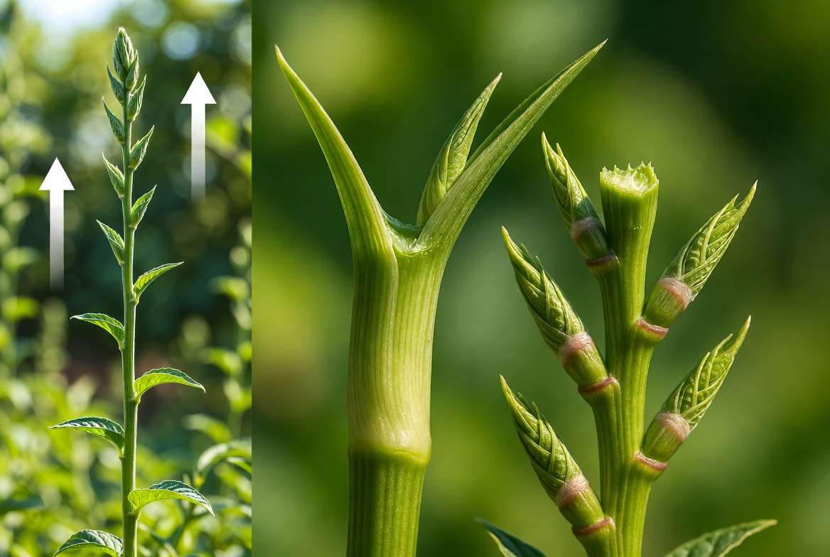 Diagram showing how topping breaks apical dominance and creates bushier growth in pot plants"