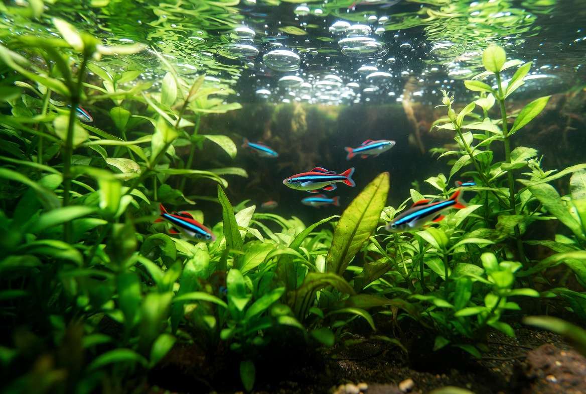 Lush fast growing aquarium plants improving water quality and oxygen levels in a balanced freshwater tank