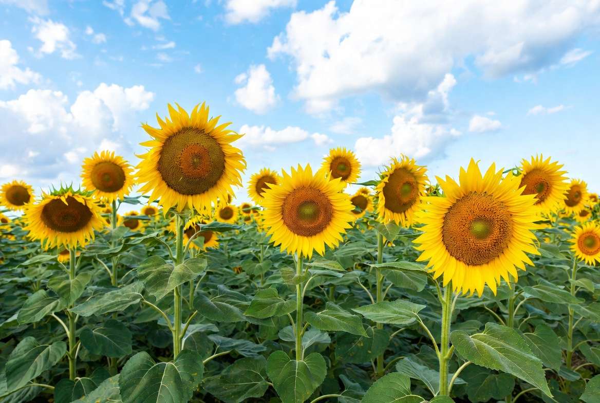 Beautiful field of tall sunflowers growing vibrantly in full sun