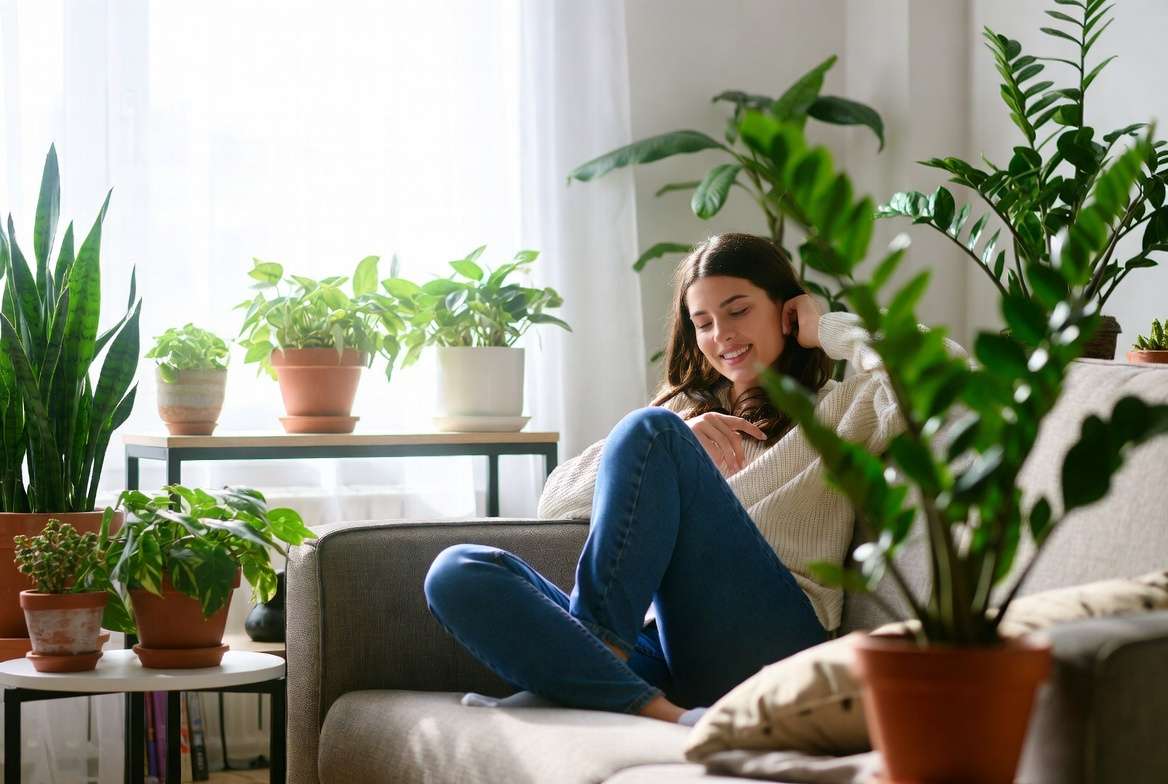 Low-maintenance indoor plants improving mental wellbeing in a modern living room