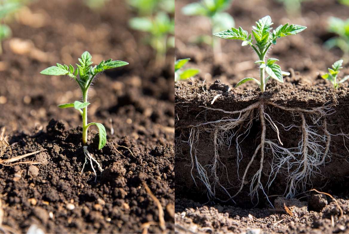 Side-by-side comparison of shallow vs deep planted tomato plants showing stronger root development