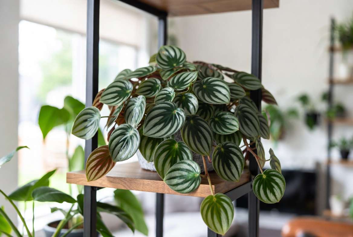 Beautiful Watermelon Peperomia plant displayed in a modern bright living room interior