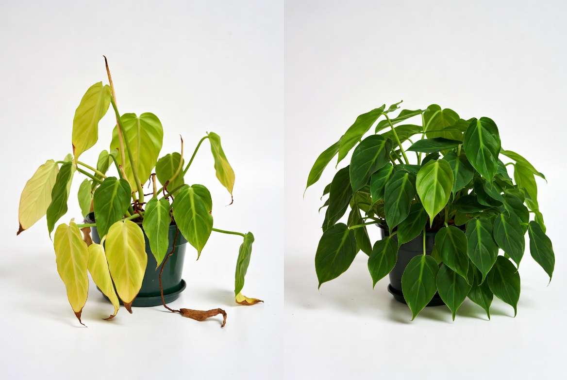 Before and after fixing common problems in heart shaped leaf plant