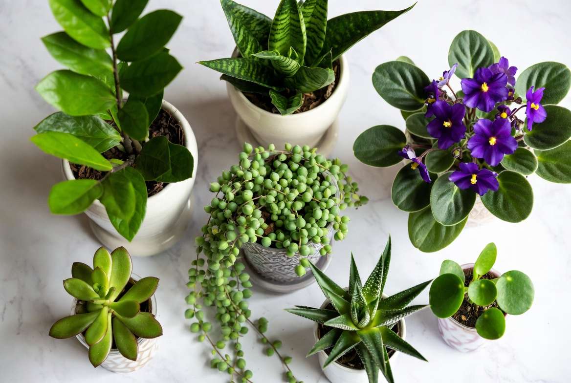 Collection of the best plants for small pots including ZZ snake plant pothos and succulents
