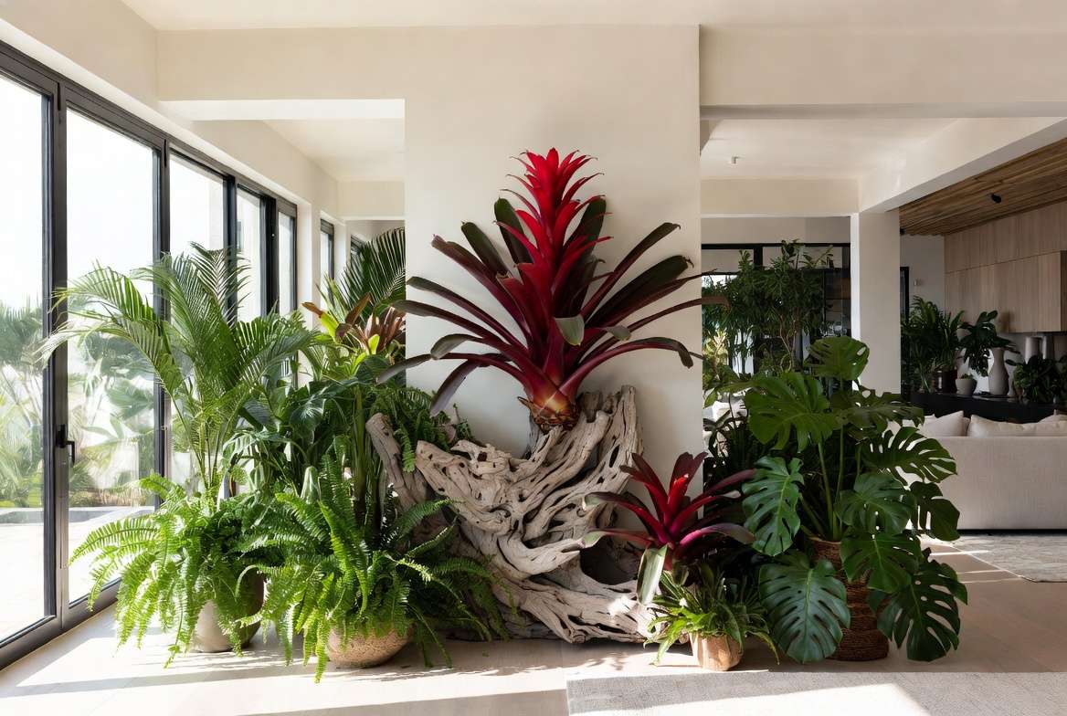 Creative red bromeliad plant styling and display ideas in home interio
