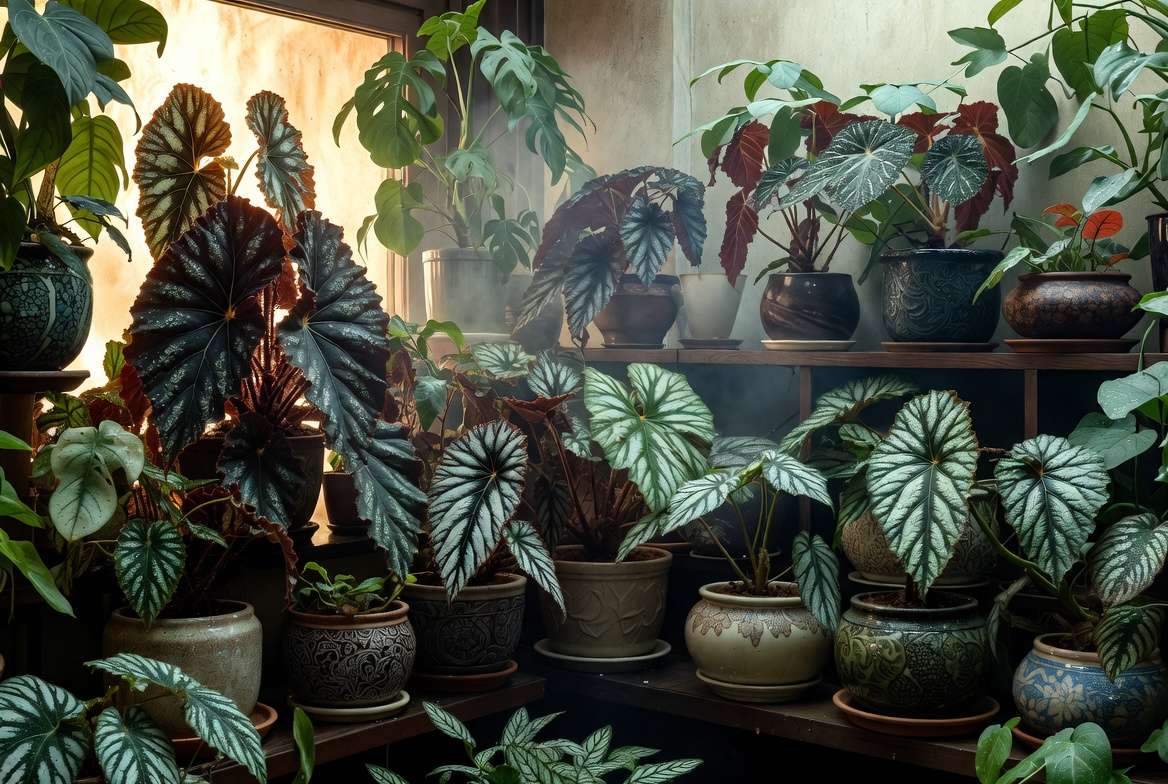 tunning indoor display of mature rare begonia collection