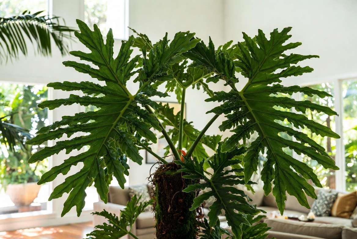 Mature Philodendron Jungle Boogie on moss pole with large leaves indoor jungle styling