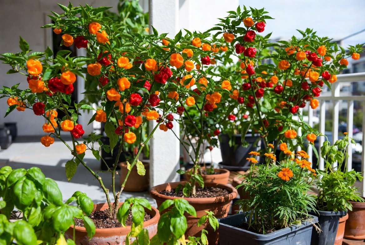 Container-grown Scotch Bonnet pepper plants with companion planting