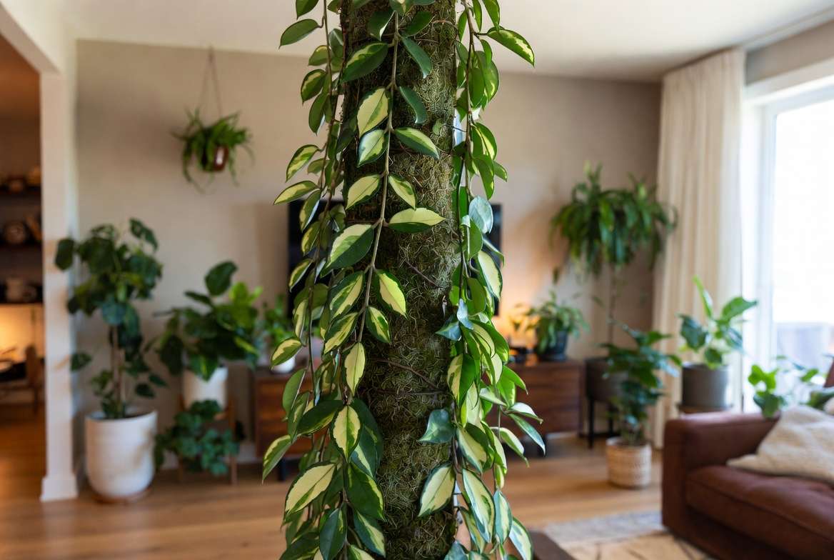 Advanced care tips showing trained variegated Hoya plant with moss pol