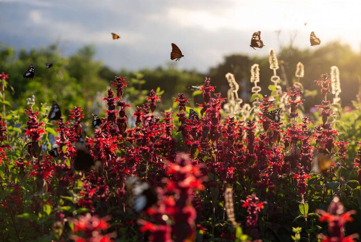 Mass planting of Monarda Jacob Cline in a pollinator-friendly garden