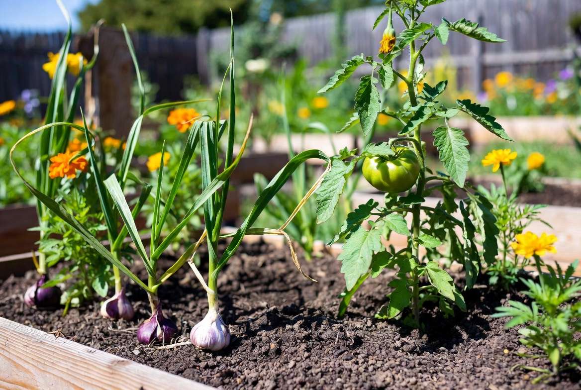 Companion planting garlic with tomatoes and marigolds for better yields